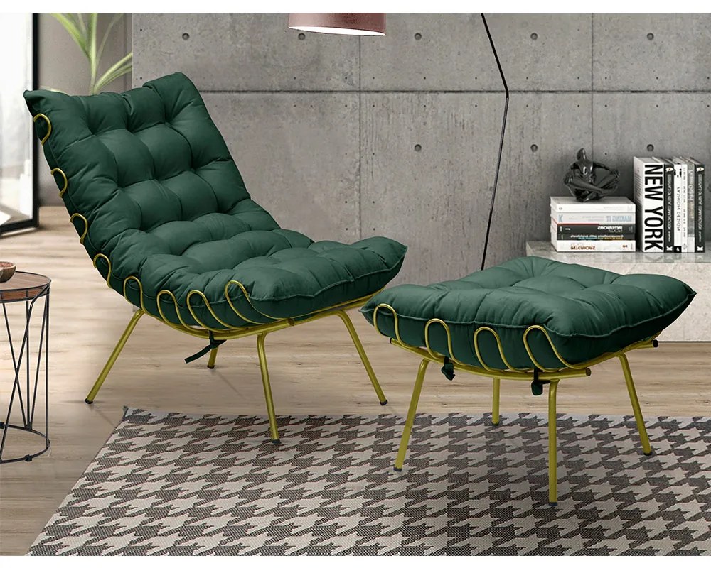 Conjunto Decorativo Poltrona e Puff Abel Base de Ferro Dourada Suede Verde G41 - Gran Belo