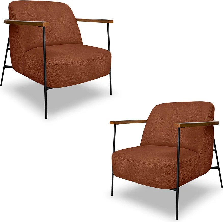 Kit 2 Poltronas Sala de Estar Pés em Ferro Preto Braço Madeira Maciça 86cm Thane Bouclê Terracota G63 - Gran Belo