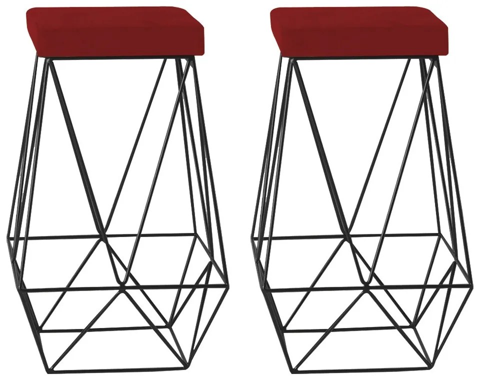 Kit 2 Banqueta Decorativa Kathy Base Preta Veludo Vermelho G41 - Gran Belo