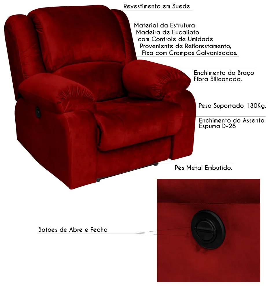 Poltrona do Papai Reclinável Elétrica Magnum Veludo Vermelho G23 - Gran Belo