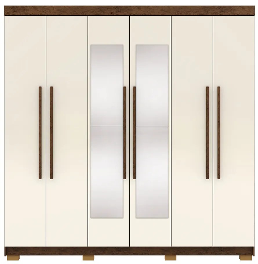 Guarda Roupa Casal Doral 6 Portas de Bater 2 com Espelhos 2 Gavetas Nogueira/OffWhite G98 - Gran Belo