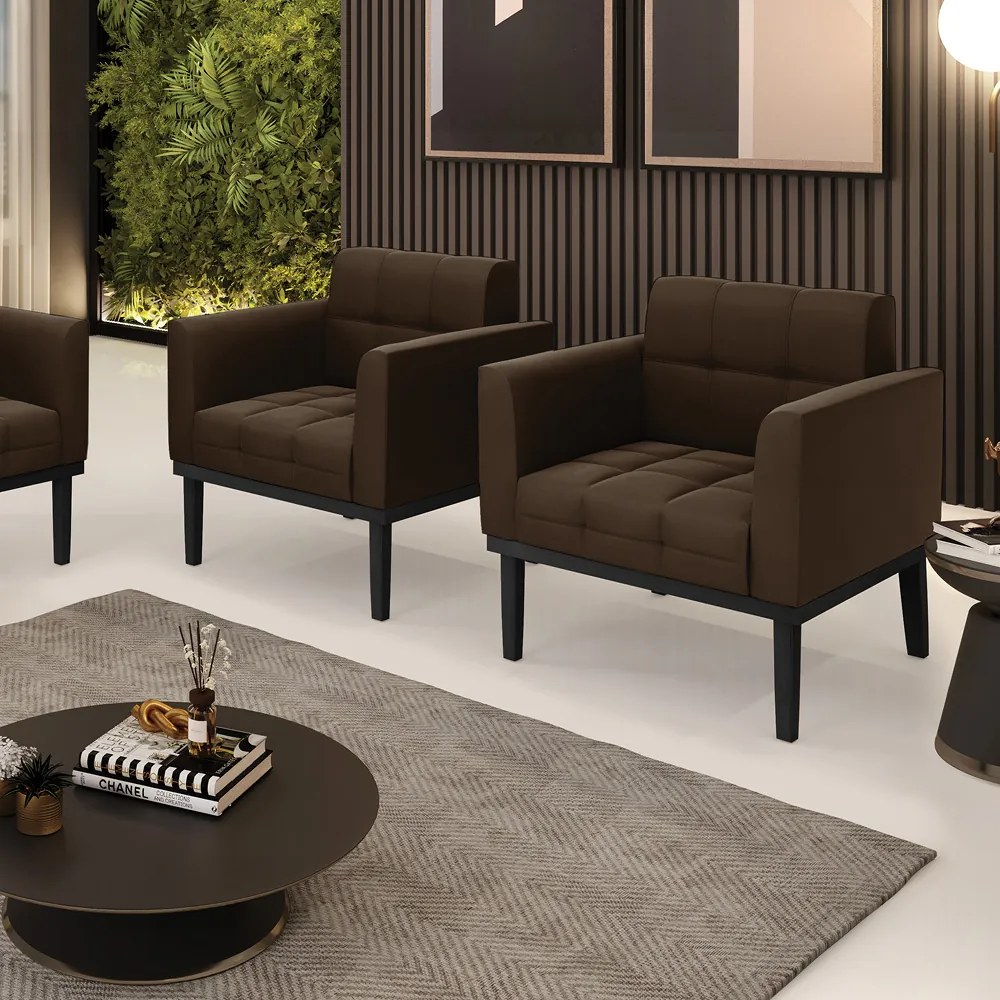 Kit 2 Poltronas Decorativas Karen Pés Fixo em Madeira Preto Suede Marrom 19 - Gran Belo