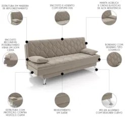 Sofá Cama para Sala de Estar Quarto 193cm Bela Z32 Suede Bege - Mpozen