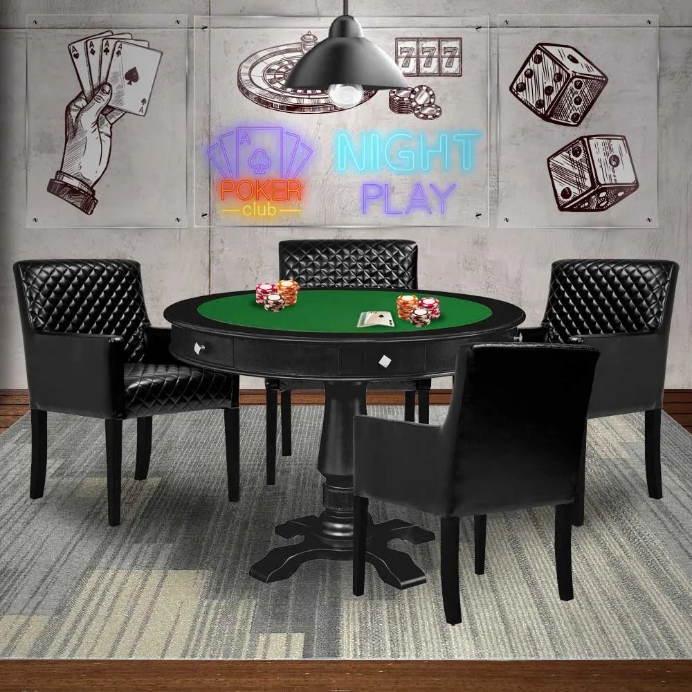 Mesa de Jogos Carteado Victoria Redonda Tampo Reversível Preto com Kit 4 Cadeiras Liverpool PU Preto Matelassê G36 G15 - Gran Belo