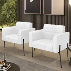 Poltrona Sala Pé Metal Preto Kit 2 Ana Sintético PU Branco - Ibiza