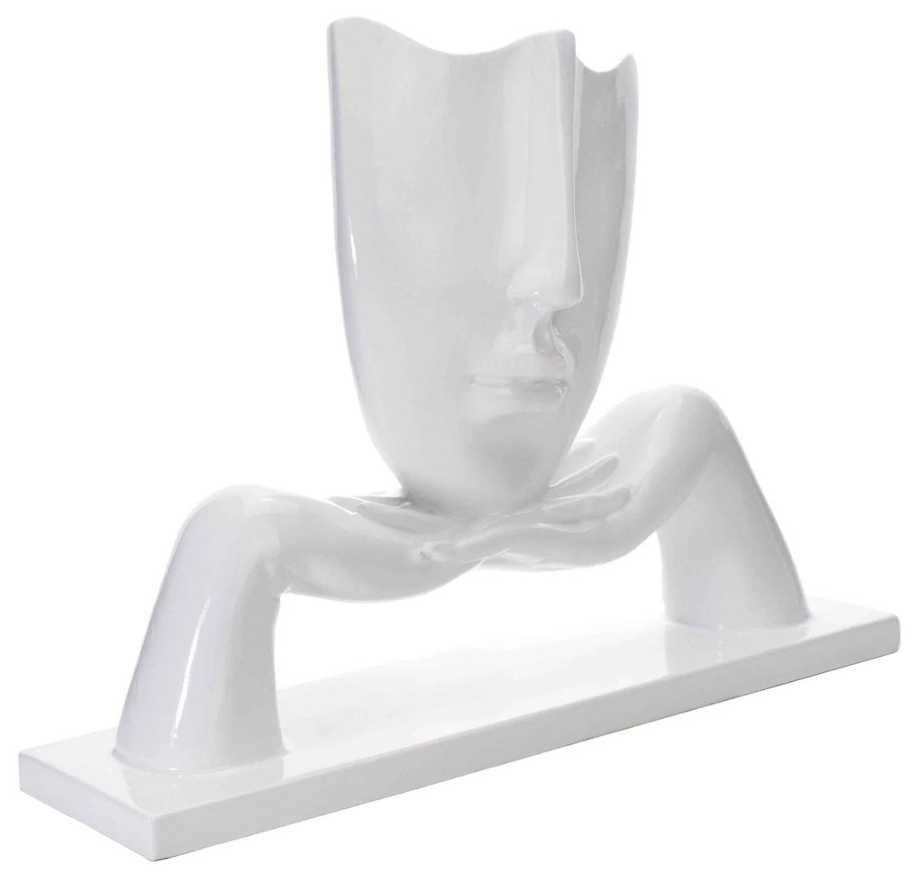Escultura Decorativa Máscara Com Base Descanso Em Cerâmica Branco 23x30 Cm - D'Rossi