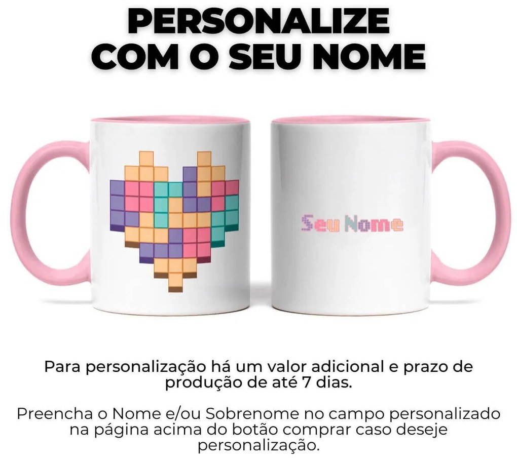Caneca Coração Pixel Branca com Alça e interior Rosa