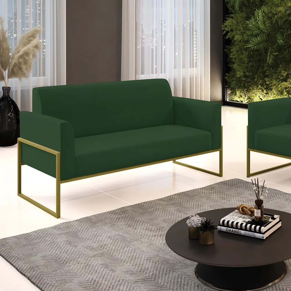 Sofá Namoradeira Base Industrial Alta Dourado Marisa Veludo D03 - D'Rossi - Verde