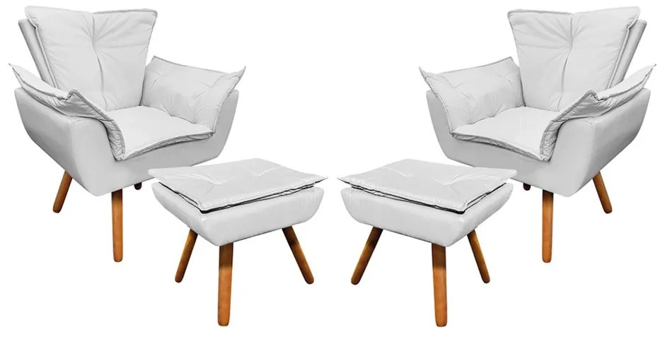 02 Poltronas e 02 Puffs Pé Palito de Madeira Opala Corino - Branco