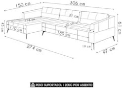 Sofá 4 Lugares 306cm Com Chaise Esquerdo Eko Couro Telha Z55 - Mpozena