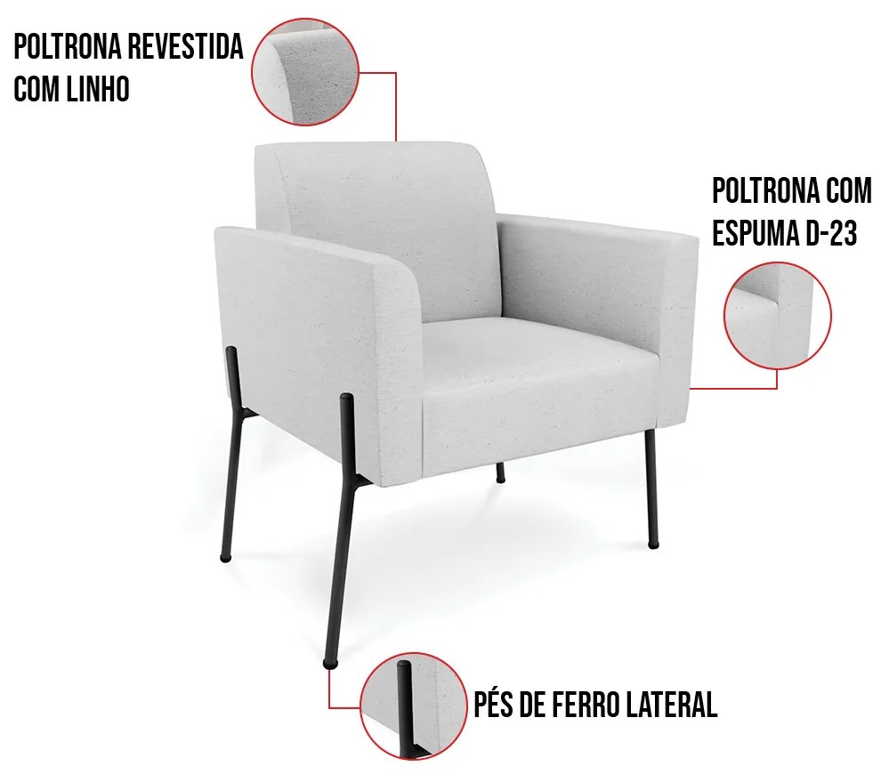 Poltrona Pé de Ferro Preto Kit 2 Decorativa Marisa Linho D03 - D'Rossi - Cinza