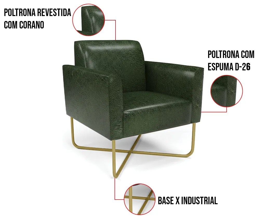Poltrona Base X Industrial Dourado Marisa Corano - Verde