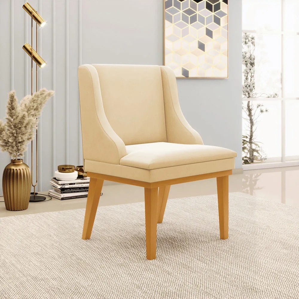 Kit 6 Cadeiras Decorativas Sala de Jantar Base Fixa de Madeira Firenze Suede Bege/Castanho G19 - Gran Belo
