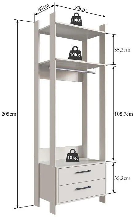 Closet Aberto com 2 Gavetas Cabide Guarda Roupa Off White