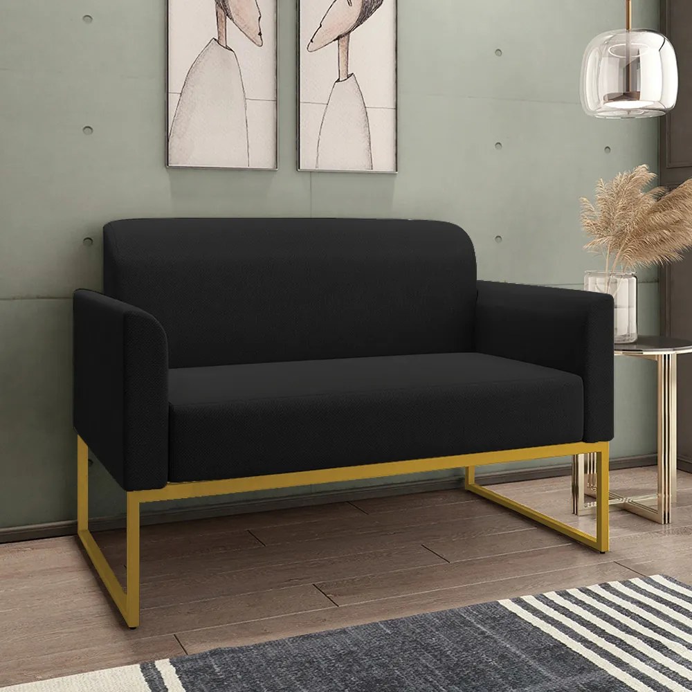 Poltrona Namoradeira Decorativa Isabella Base Industrial Linho Preto/Dourado G19 - Gran Belo