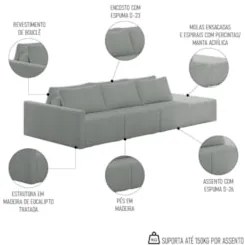 Sofá Ilha Modular com Puff para Sala Living 342cm Georgia Z08 Boucle C