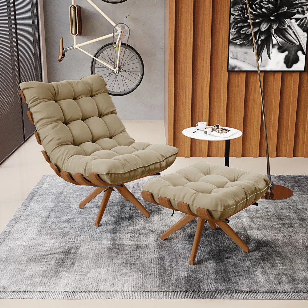 Poltrona com Puff Giratório Costela Suede Marrom Rato Base de Madeira MA30 M11 - D'Rossi