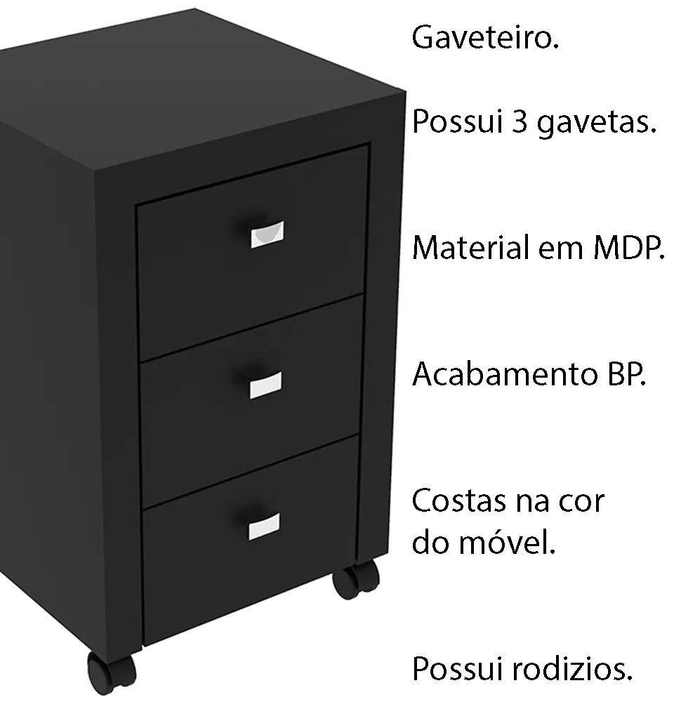 Gaveteiro para Escritório Home Office ME4108 MDP Preto G69 - Gran Belo