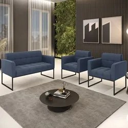Sofá Namoradeira e 2 Poltronas Base Industrial Preto Ana Suede Azul Ma