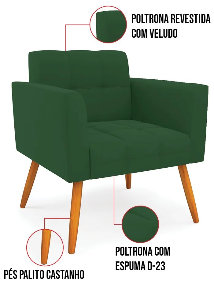 Kit 1 Sofá Namoradeira e 1 Poltrona Elisa Veludo Pés Palito Castanho D03 - D'Rossi - Verde