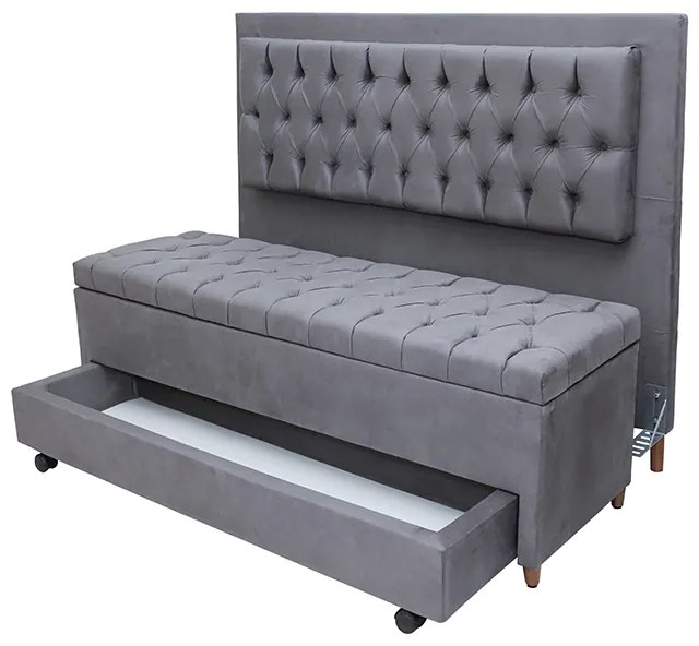 Cabeceira com Calçadeira Baú Casal 140cm Paris Capitonê Suede Cinza - Sheep Estofados - Cinza