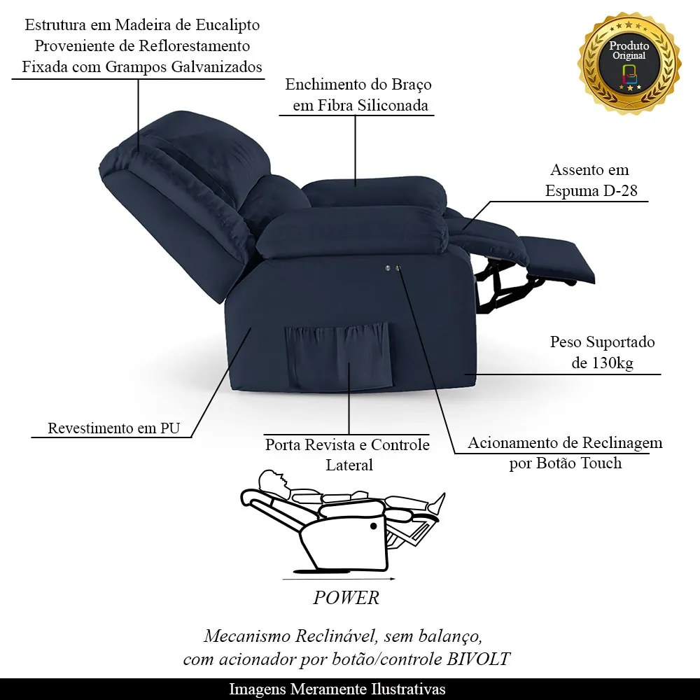 Poltrona do Papai Reclinável Sala de Cinema Madrid Power Touch PU Azul  G23