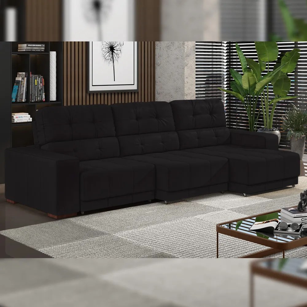Sofá Sala de Estar Retrátil e Reclinável 5 Lugares Lisboa 350cm Couro Preto G58 - Gran Belo