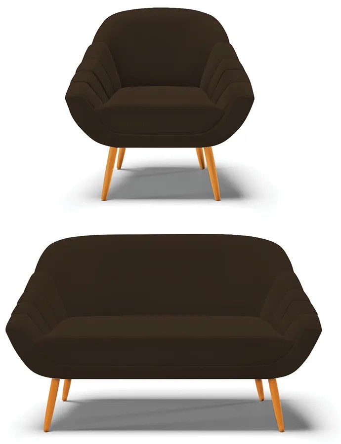 Kit 01 Namoradeira 02 Lugares e 01 Poltrona Giovana Suede Pés Palito Castanho - D'Rossi - Marrom