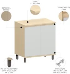 Balcão de Cozinha Tampo 80cm 2 Portas Pierre Carvalho/Cinza L01 - Mpoz