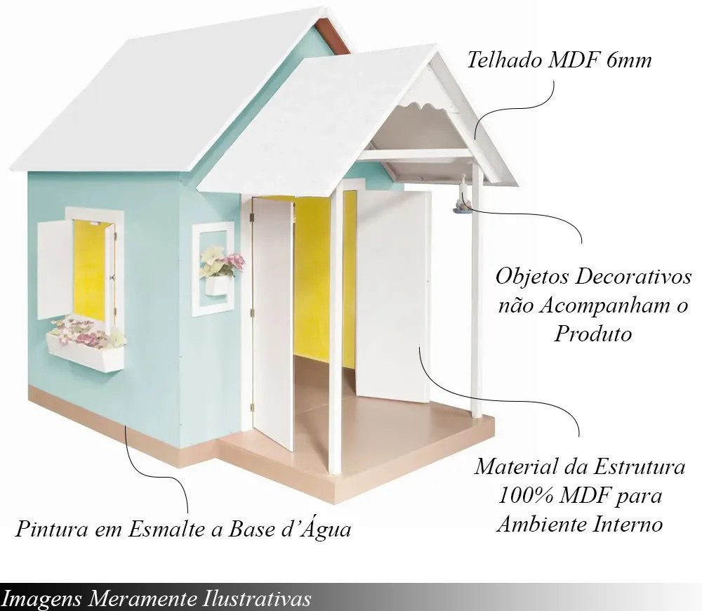 Casinha de Brinquedo Artesanal MDF com Telhado Branco/Verde Água L12 - Gran Belo