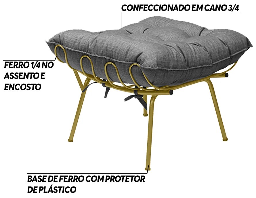 Kit 2 Puff Decorativo Sala de Estar Abel Pés Dourado Linho Grafite G41 - Gran Belo