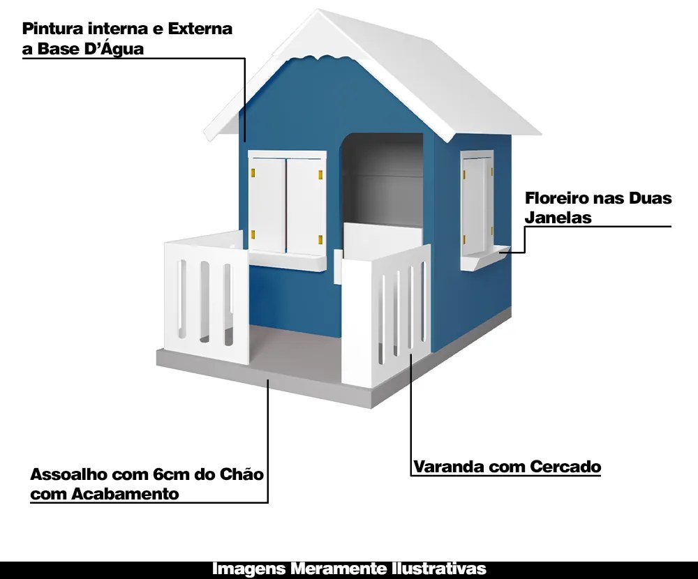 Casinha De Brinquedo Com Cercado Floreiros MDF Azul/Branco L12 - Gran Belo