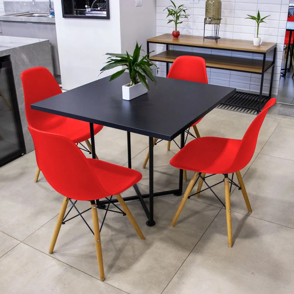 Kit 04 Cadeiras Eiffel Vermelho e 01 Mesa de Jantar 04 Lugares Jade 90 cm Preto Base Metálica Industrial Preto - D'Rossi