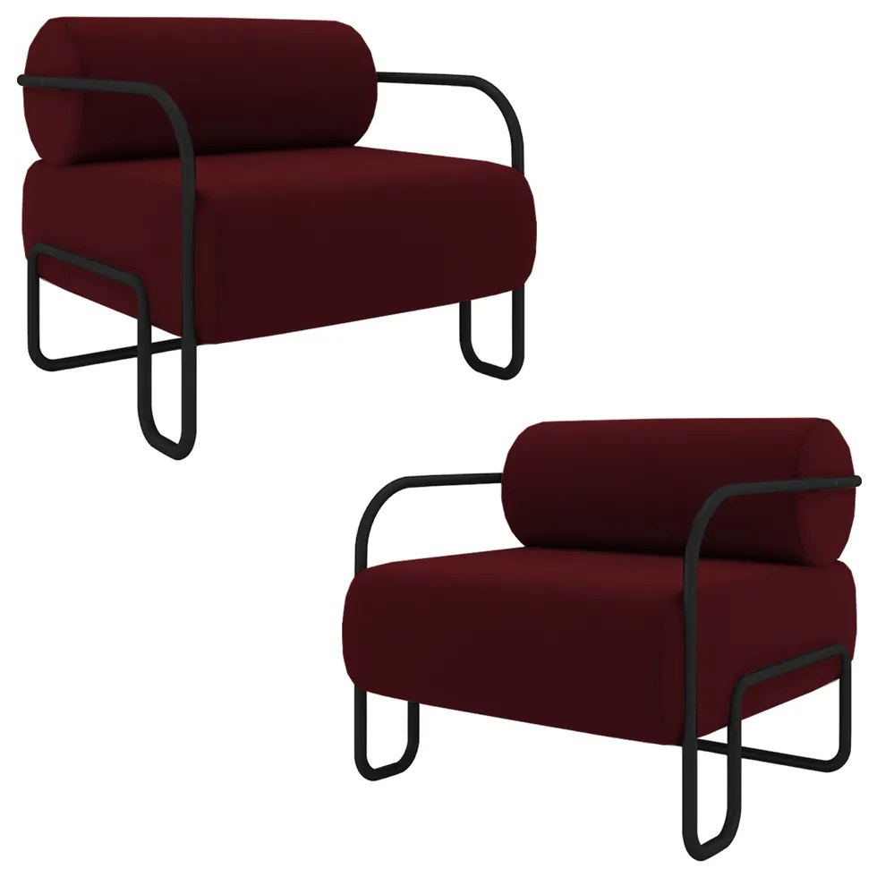 Kit 2 Poltronas Decorativas Sala de Estar Polatsk Base Industrial de Ferro Veludo Bordô G33 - Gran Belo