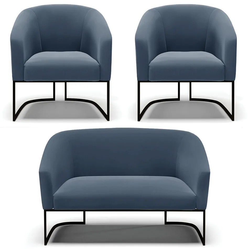 Namoradeira e 2 Poltronas Industrial Preto Stella Suede D03 - D'Rossi - Azul Marinho
