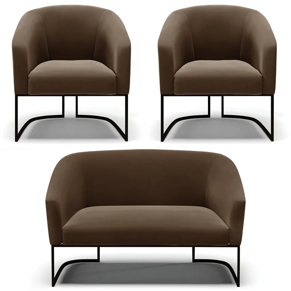 Namoradeira e 2 Poltronas Industrial Preto Stella Suede D03 - D'Rossi - Marrom