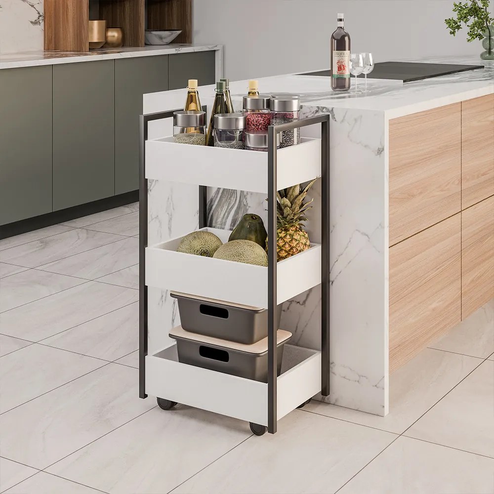 Carrinho Gourmet Auxiliar para Cozinha 3 Prateleiras Zane Preto M12 - D'Rossi - Branco