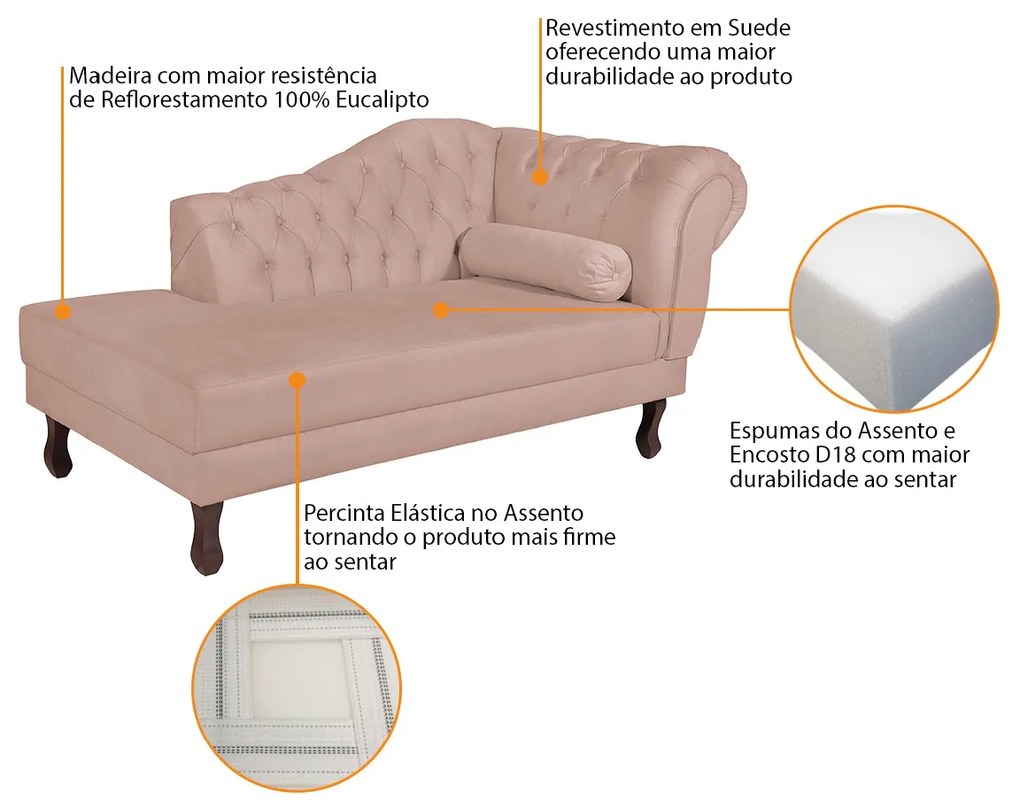 Recamier Diana 140cm Lado Esquerdo Suede Rosê - ADJ Decor