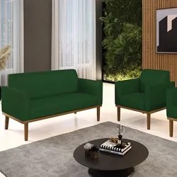 Sofá Namoradeira e 1 Poltrona Base Madeira Castanho Maressa Veludo Lux
