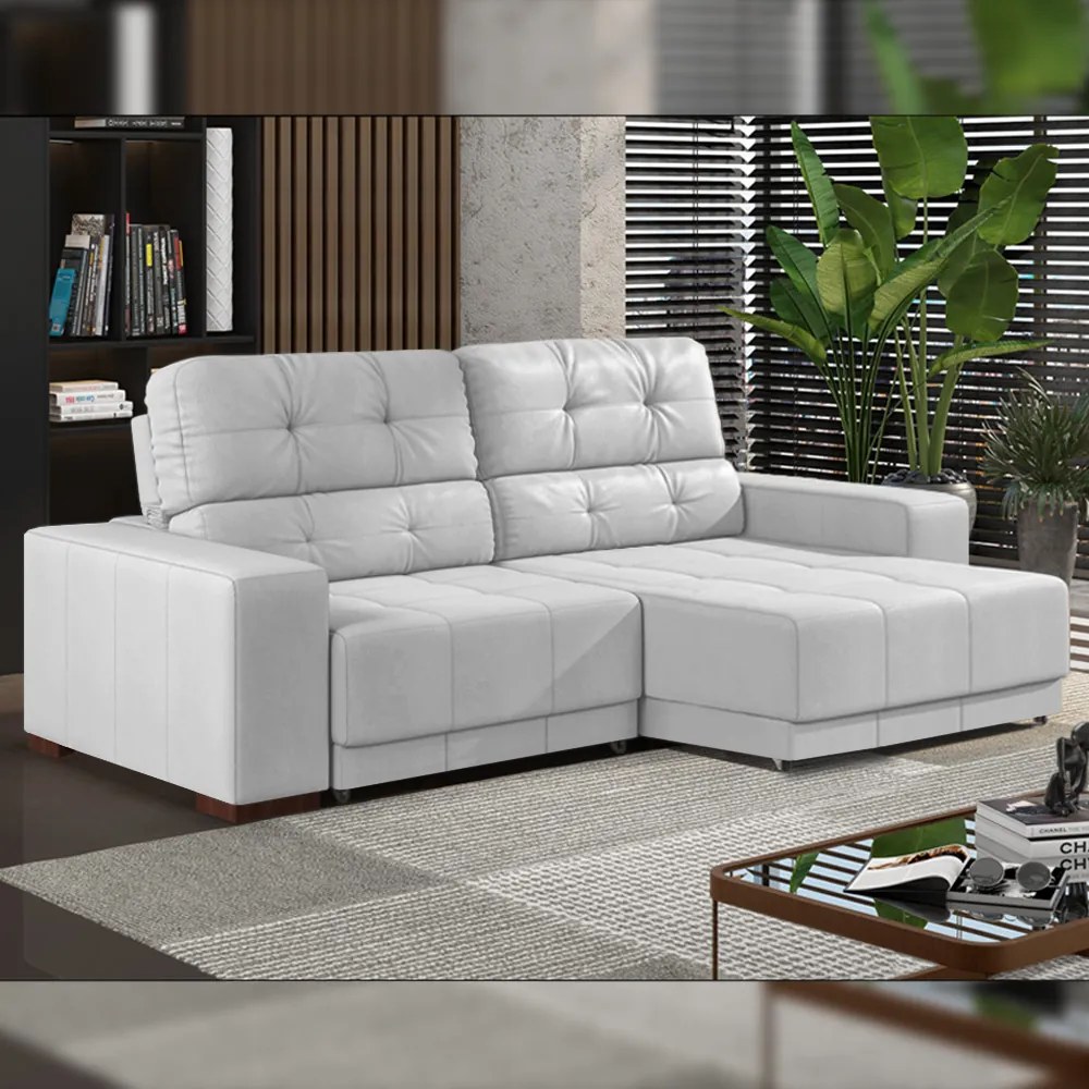 Sofá Sala de Estar Retrátil e Reclinável 3 Lugares Lisboa 210cm Couro Branco G58 - Gran Belo