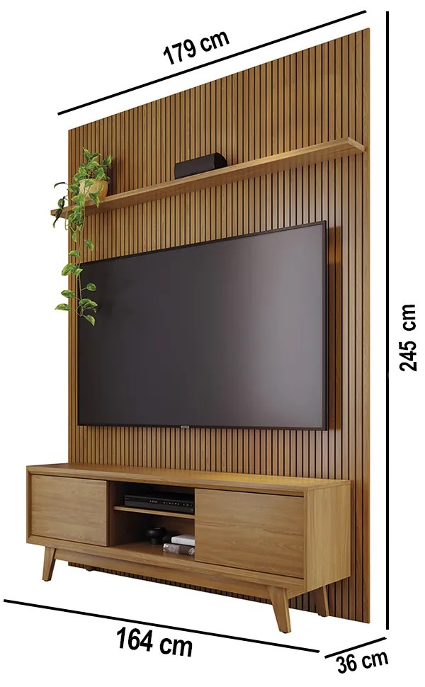 Painel TV 65 Pol 179cm Ripado Valen e Rack Bancada Mylan M20 - D'Rossi - Cumaru(fosco)