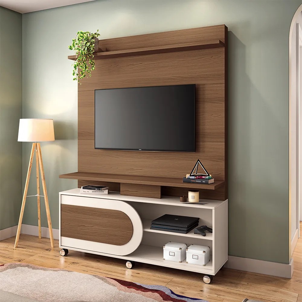 Home Theater Decorativo Globo c/Rodízios para TV até 55 Polegadas Castanho/Off White G26 - Gran Belo
