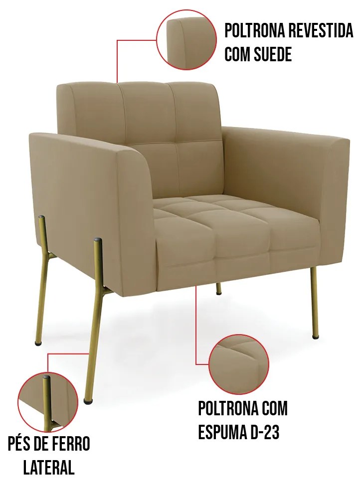 Poltrona Pé de Ferro Dourado para Sala Elisa Suede D03 - D'Rossi - Marrom Rato