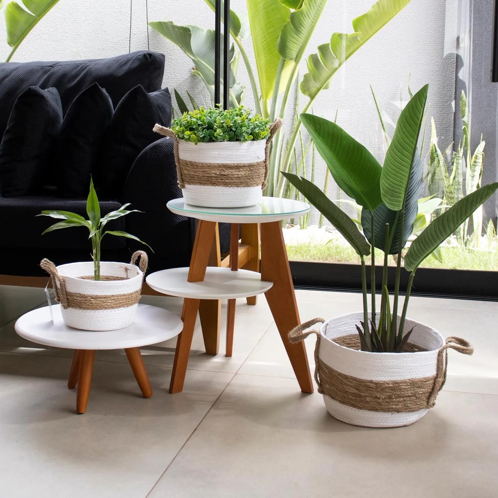 Cesto de Fibra Natural Seagrass Listrado Branco 19x26x26 cm  - D'Rossi