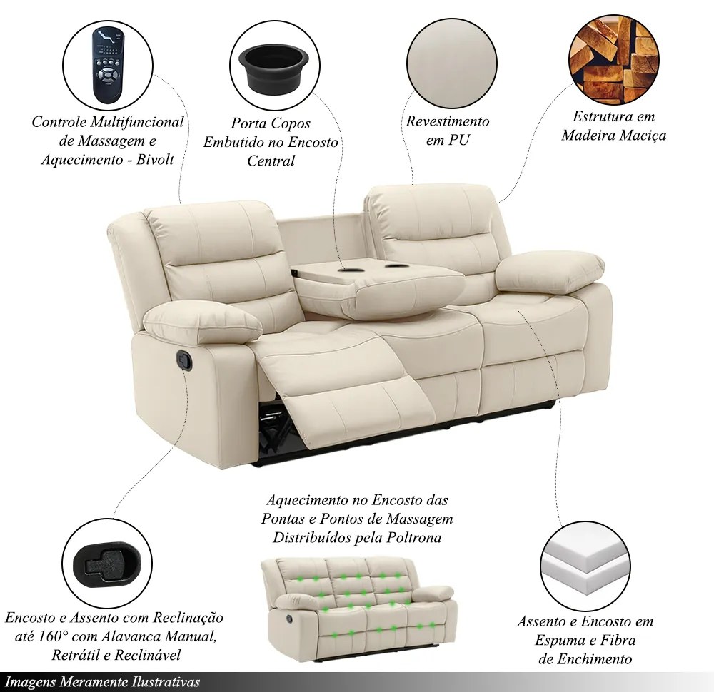Poltrona Reclinável Sala de Cinema 3 Lugares Hollywood Manual Massagem Aquecimento Porta Copos PU Bege G94 - Gran Belo