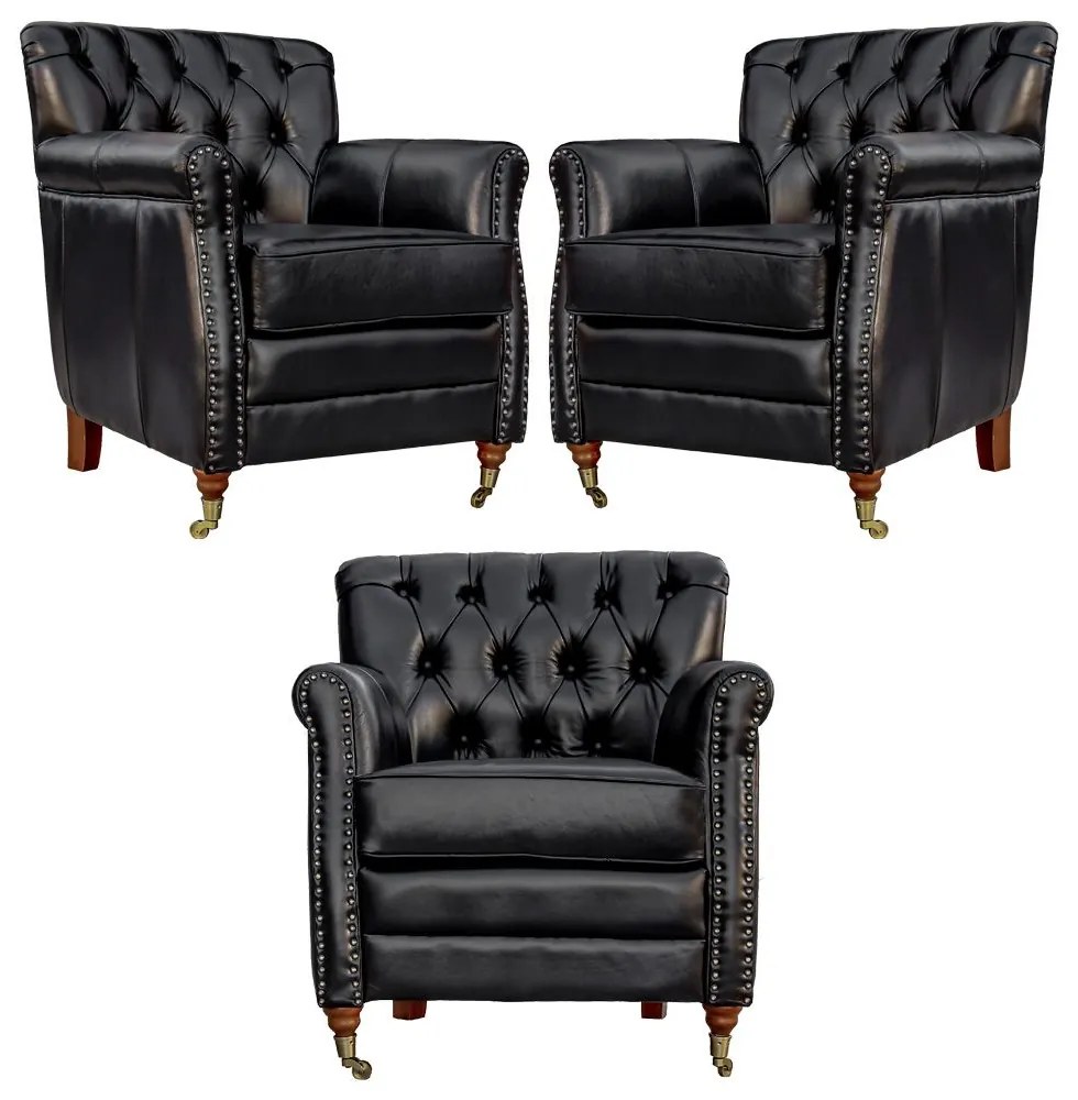 Kit 03 Poltronas Decorativas Sala de Estar Níger Pés Príncipe Couro Preto G58 - Gran Belo