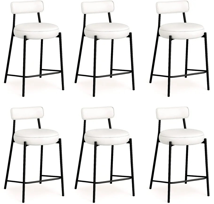 Banqueta Cozinha Alta com Encosto Industrial Preto Kit 6 Londres PU D03 - D'Rossi - Branco