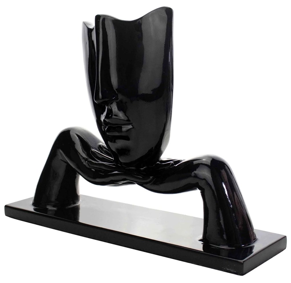 Escultura Máscara Com Base Descanso Em Cerâmica Preto 23x30 Cm - D'Rossi