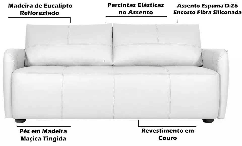 Sofá Decorativo Sala de Estar Lily 3 Lugares 240cm Couro Branco G34 - Gran Belo