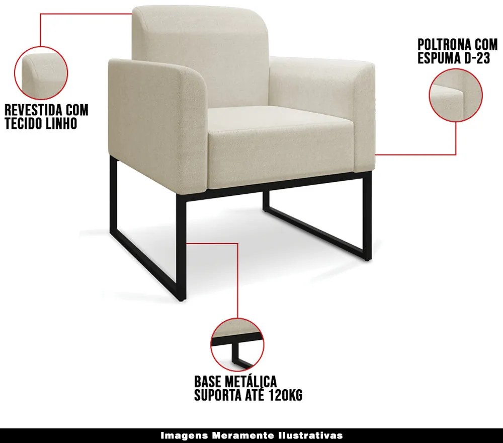 Poltrona Decorativa Isabella Base Industrial Linho Bege/Preto G19 - Gran Belo